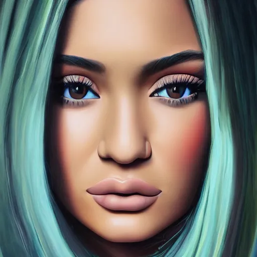 Image similar to a symmetrical portrait of a kylie jenner, oil painting, pale colors, high detail, 8 k, wide angle, trending on artstation,