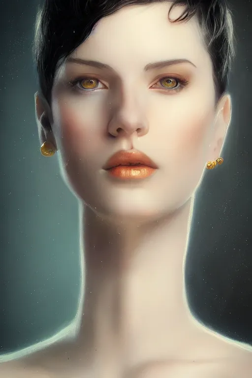 Prompt: Portrait of a beautiful pale skin Nordic female with short black hair, elegant, photorealistic, highly detailed, artstation, smooth, sharp focus, gold ornaments, neon lighting, sci-fi, art by Klimt.