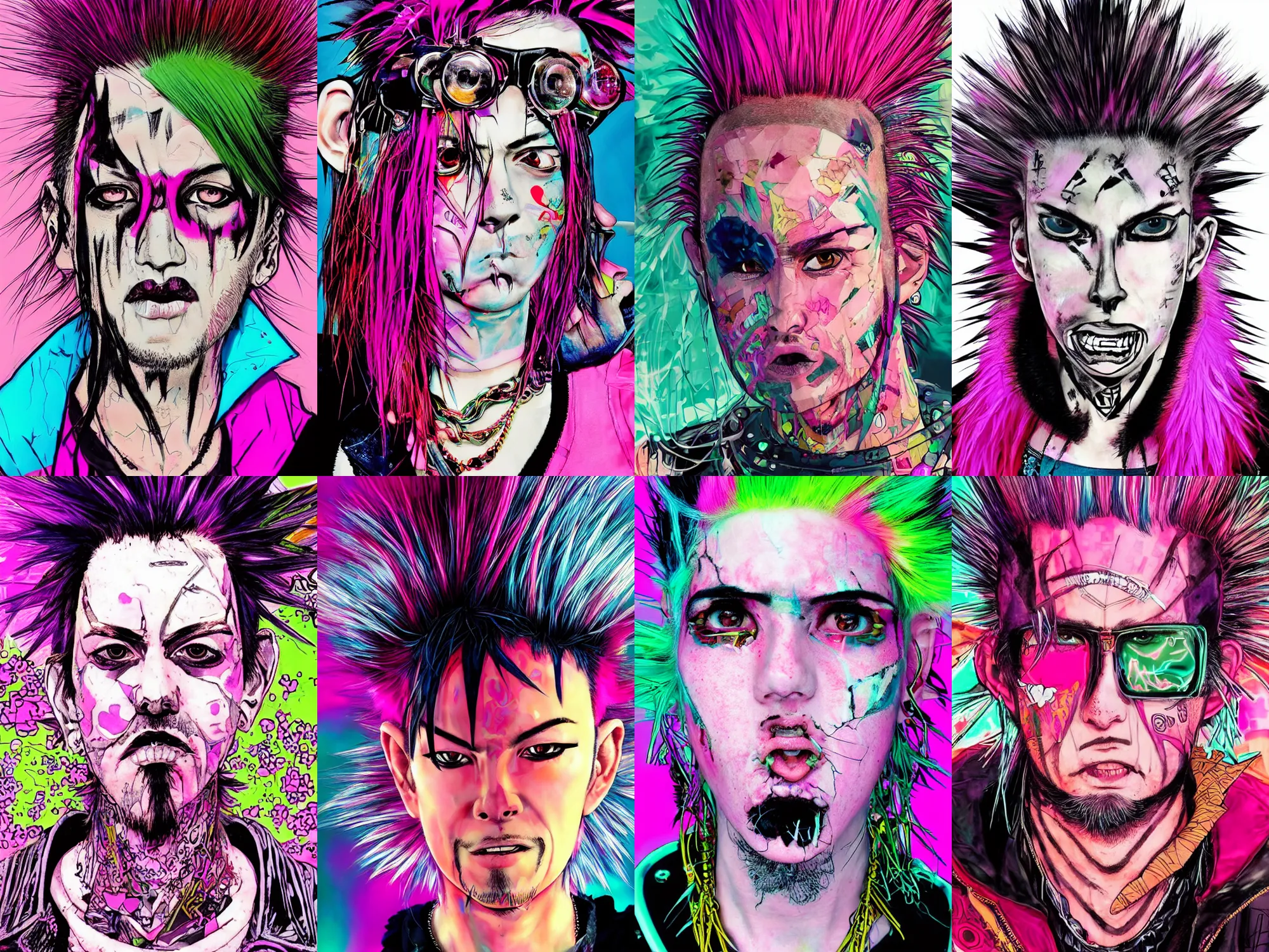 Prompt: very beautiful closeup portrait of punk with pink mohawk and goatee with bags under eyes in a blend of manga - style art, augmented with vibrant composition and color, all filtered through a cybernetic lens, by hiroyuki mitsume - takahashi and noriyoshi ohrai and annie leibovitz, dynamic lighting, flashy modern background