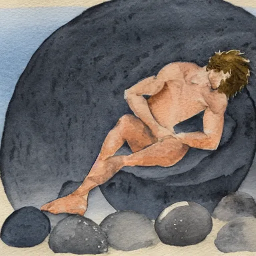 Prompt: rainy watercolor of sisyphus sitting on his boulder