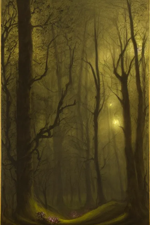 Image similar to dark and spooky painting of a forest dimly lit at night with tiny purple morning glory flowers trailing at the base of trees. foggy cinematic volumetric darkness, muted colour palette, detailed oil painting on canvas robert hughes, john everett millais