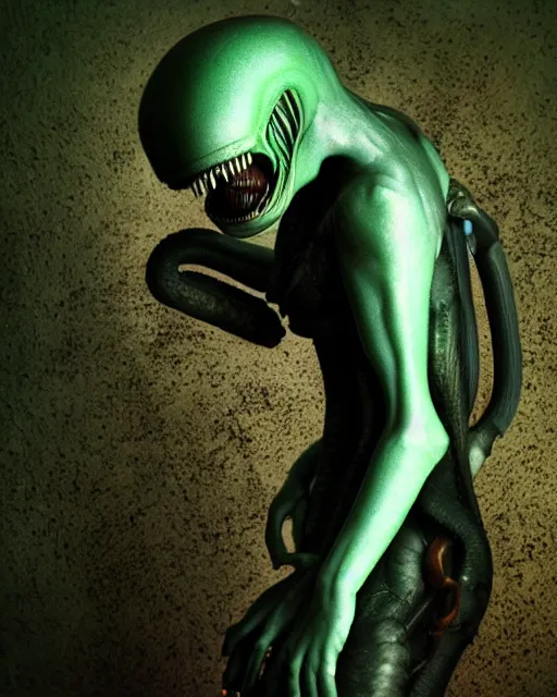 Image similar to xenomorph hugging pale sad beauty, dark emerald mist colors, giger background liminal void, cinematic lighting, realistic, award winning photograph, various refining methods, micro macro autofocus