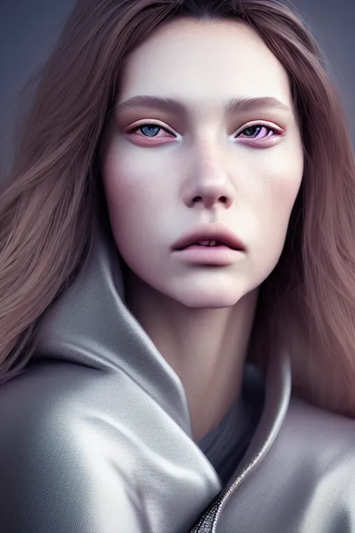 Prompt: hyperdetailed very close portrait of a model, beautiful young female with brown hair and grey eyes, in a tight jacket, volumetric light, by rossdraws and alexander mcqueen, rim light, octane render, 8 k