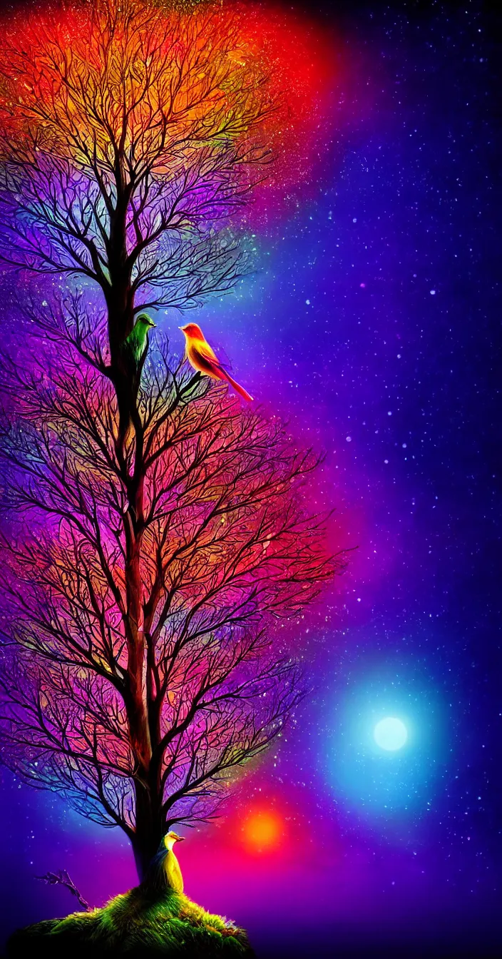 Prompt: realistic photo of beautiful colorful bird sitting on glowing tree at night, dark smooth background, very sharp focus, dark background, in the style of greg rutswoski, very hyper realistic, highly detailed, fantasy art station