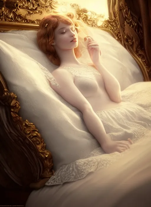 Prompt: young woman beautiful face : : white lace peignoir : : lie in bed at night : : weta disney pixar movie still photo : : decadent highly - detailed digital painting, soft light, full length shot, golden ratio, octane render, artstation, smooth, sharp focus, artgerm, mucha, loish, wlop, gogo
