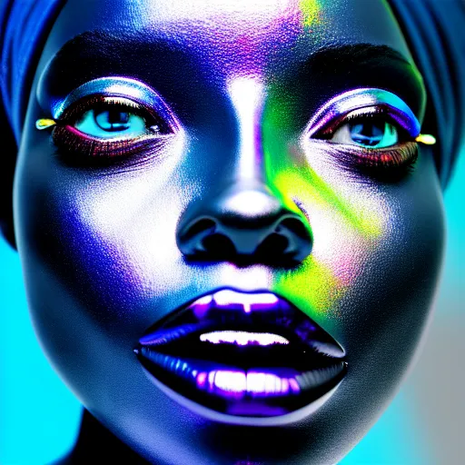 Image similar to portrait of iridescent metalic face, african woman, reflections, proud looking, outdoor, blue sky, 8 k, realistic, depth of field, highly detailed, art photography