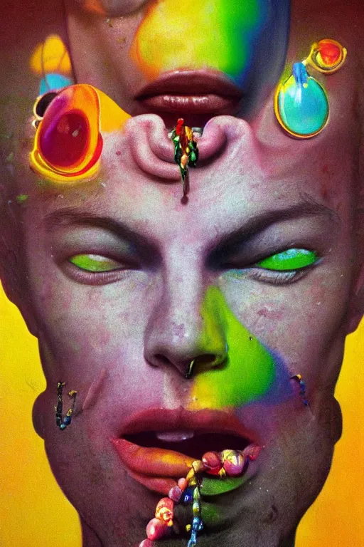 Prompt: a colorful vibrant closeup portrait of a model licking a tab of lsd acid on his tongue, beads and jewels hanging from a crown, and dreaming psychedelic hallucinations, by moebius, edward hopper and james gilleard, zdzislaw beksinski, steven outram, colorful flat surreal design, hd, 8 k, artstation