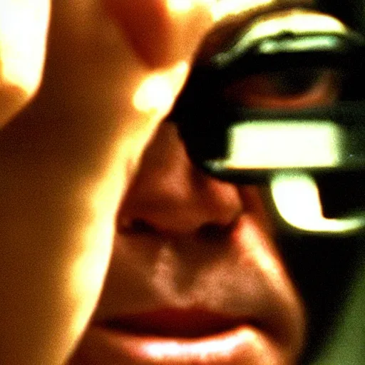 Prompt: Jack Nicholson as Agent Smith on the matrix, 1999, close-up, cinematic composition, cinemascope,