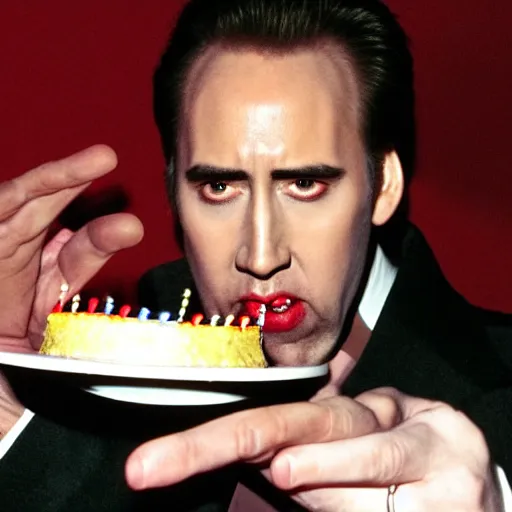 Image similar to nicholas cage holding a birthday cake, vampire's kiss