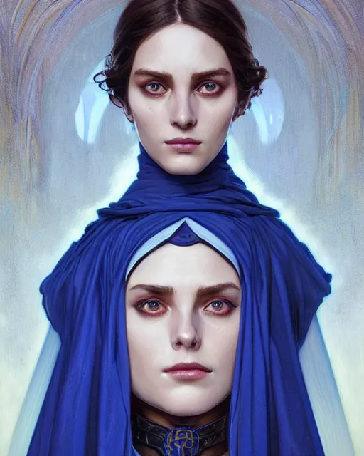 Image similar to portrait of saint alia atreides of the knife, fully royal blue eye sockets eye, dune, science fiction, frank herbert, intricate, elegant, highly detailed, digital painting, artstation, concept art, sharp focus, illustration, art by artgerm and greg rutkowski and alphonse mucha