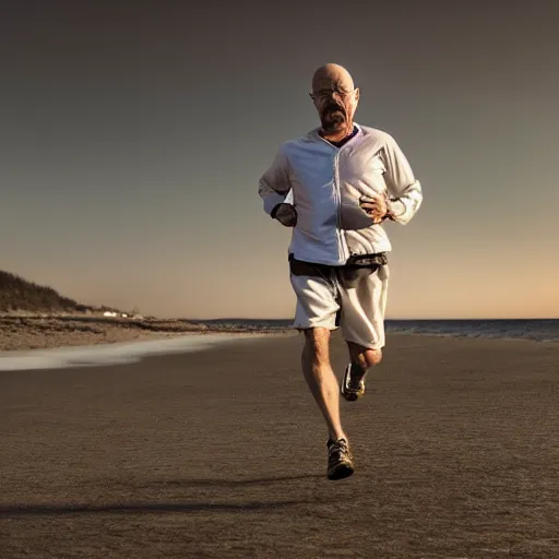 Image similar to Walter White running on the beach, artistic, 8k, cinematic