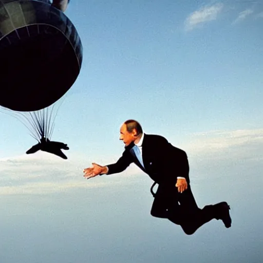 Image similar to vladimir putin jumping out of an airplane, epic movie still, professional photography