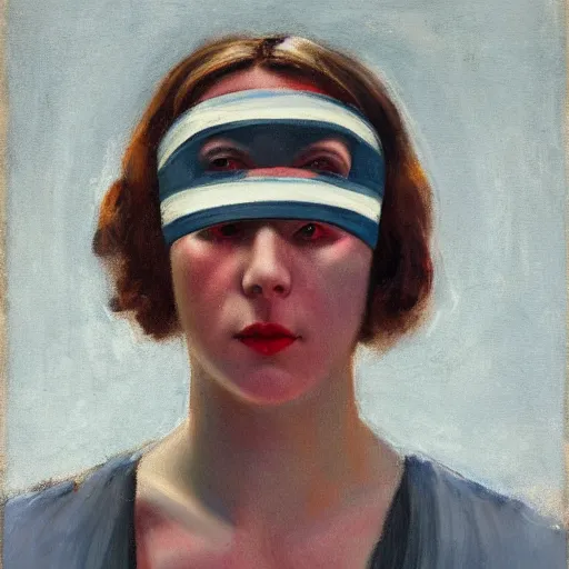 Prompt: portrait in the style of american realism ( 1 9 2 3 ), blindfolded, vermilion, titanium white, and indigo