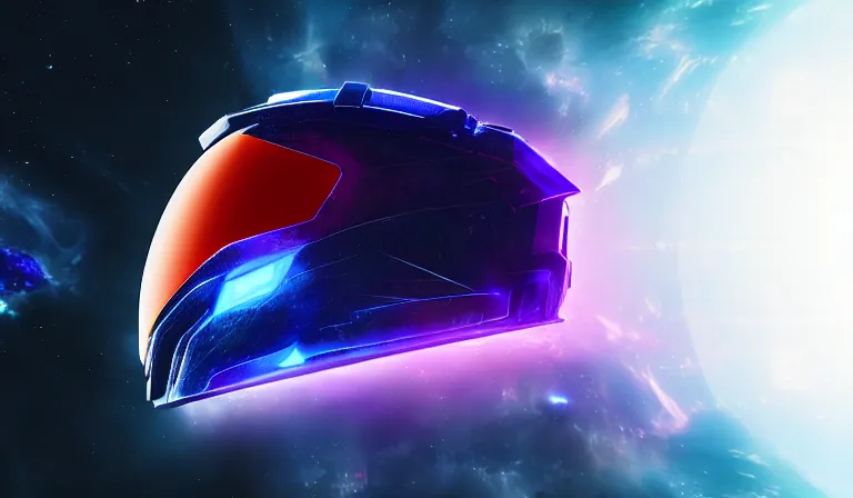 Prompt: cyberpunk halo helmet nebula visor floating in space with reflections, epic, dramatic, photorealistic, award winning, 8k,