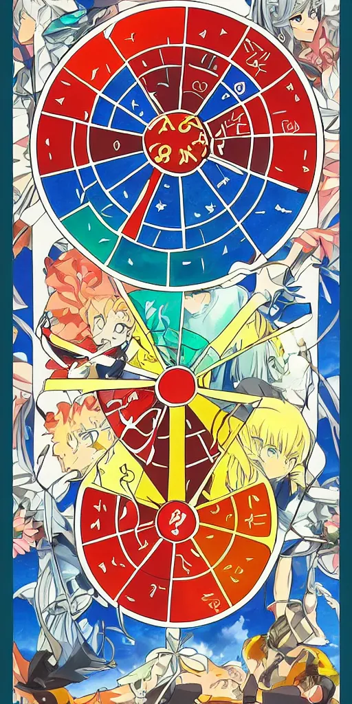 Image similar to Wheel of Fortune tarot card by a famous anime artist, clean, sharp lines, minimalistic,