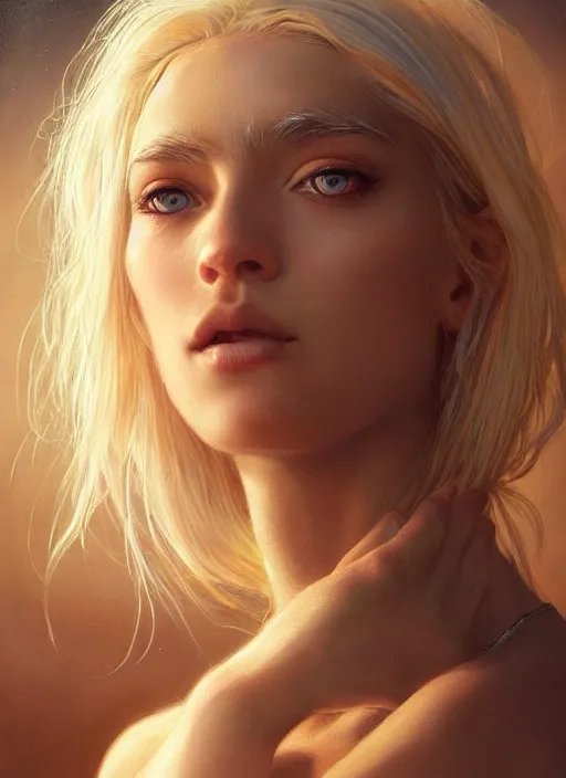 Prompt: girl with unkempt gold and silver hair, beautiful highly detailed face, complementary lighting, backlit, eyeshadow, divine, beautiful painting by artgerm and greg rutkowski and raymond swanland