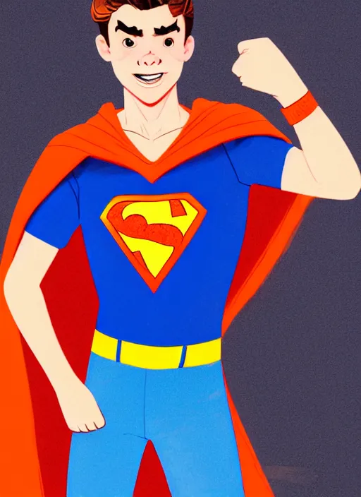 Image similar to friendly teenage archie andrews wearing an orange superhero costume with heart logo, heart, freckles, blue cape, heart emblem on chest, blue cape, intricate, elegant, glowing lights, highly detailed, digital painting, artstation, sharp focus, illustration, art by wlop, mars ravelo and greg rutkowski