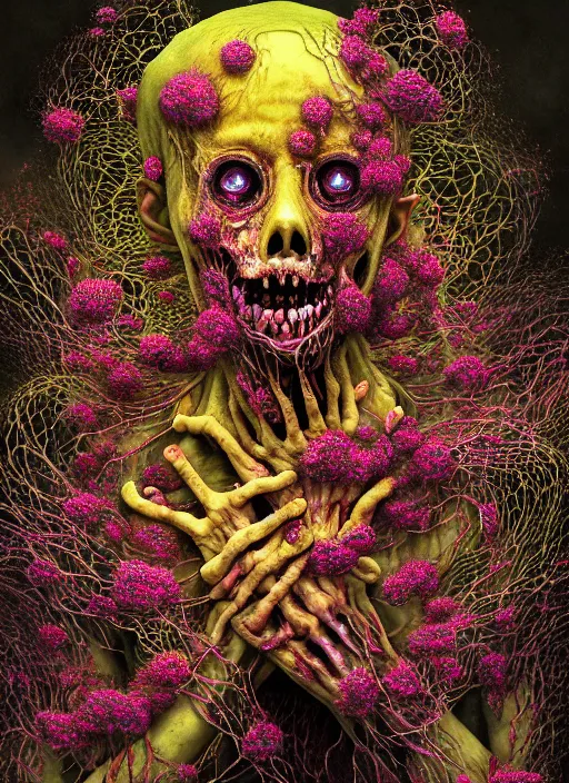 Prompt: hyper detailed 3d render like an Oil painting - Zombie (The Walking Dead) seen Eating of the Strangling network of yellowcake aerochrome and milky Fruit and Her delicate Hands hold of gossamer polyp blossoms bring iridescent fungal flowers whose spores black the foolish stars by Jacek Yerka, Mariusz Lewandowski, Houdini algorithmic generative render, Abstract brush strokes, Masterpiece, Edward Hopper and James Gilleard, Zdzislaw Beksinski, Mark Ryden, Wolfgang Lettl, hints of Yayoi Kasuma, octane render, 8k