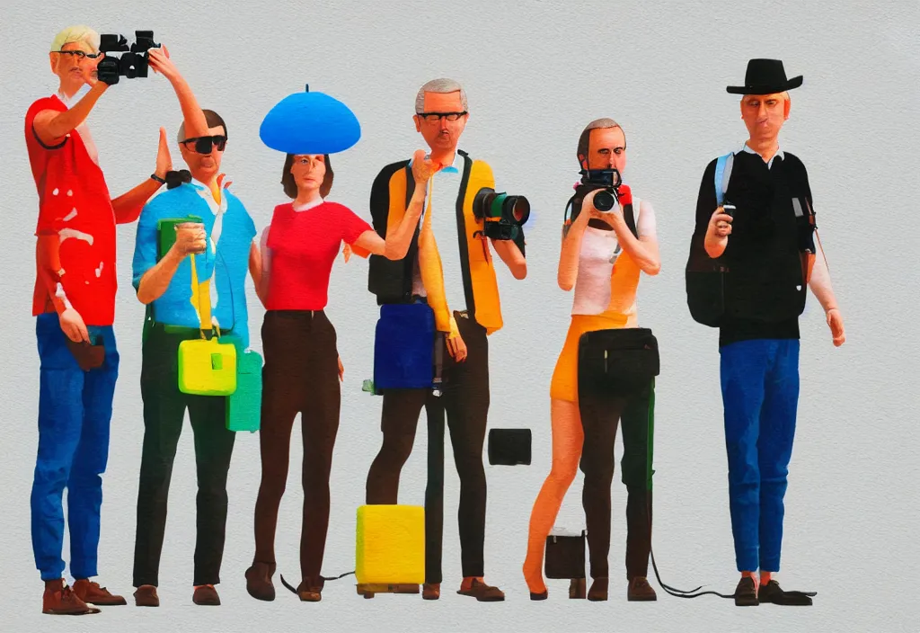 Image similar to full body portrait of a trio of european tourists with nikon cameras, various poses shooting photos, character designs painting, in the style of wes anderson, rene magritte, lola dupre, david hockney, isolated on white background, dark monochrome neon spraypaint accents volumetric octane render