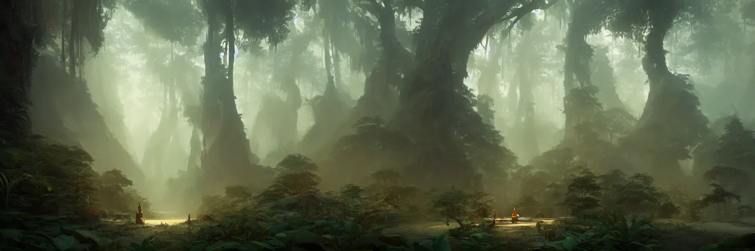 Prompt: Mysterious beautiful Buddhist forest, matte painting by Peter Mohrbacher and Craig Mullins, featured in artstation, octane render, cinematic, elegant, intricate, 8k