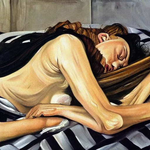 Prompt: Oil painting Portrait of a Woman sleeping on the floor by Lucian Freud, Abstract brush strokes, Masterpiece