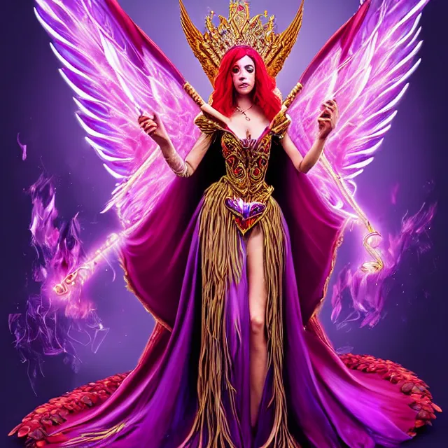 Image similar to Princess sorceress with red flaming bird wings on her back and sitting on an ornate throne dressed in a fancy long purple dress, beautiful realistic symmetrical defined face, Slight smile and open eyes, anatomically correct, Fantasy, Full Portrait, High detail, realistic, planeswalker