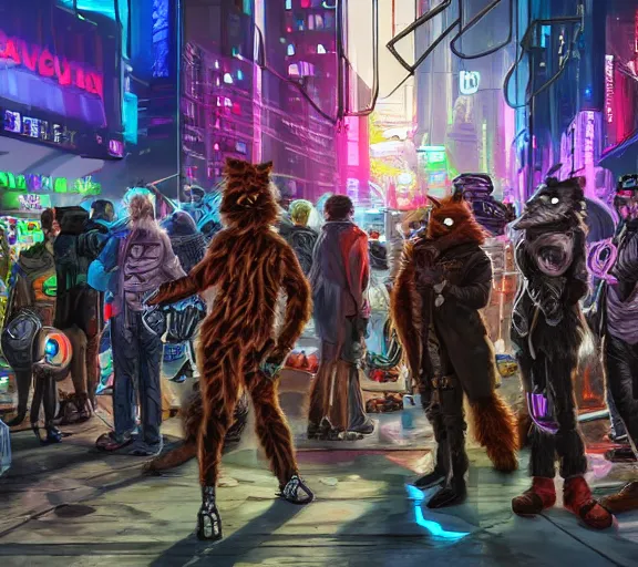 Image similar to high - resolution photograph from a cyberpunk era furry fandom convention ( midwest furfest 2 0 4 7 ), taking place after the genetic revolution and quantum singularity. photorealistic.