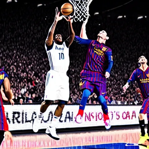 Prompt: Messi dunking on Ronaldo in the NBA