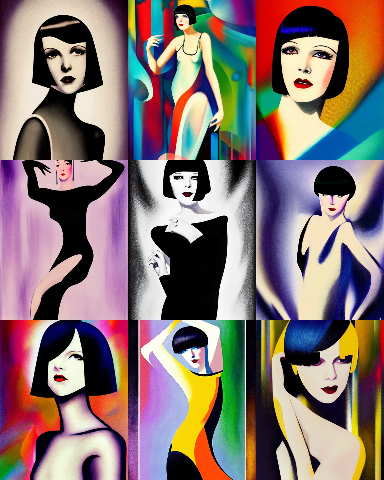 Image similar to full length portrait of 2 0 year old mary louise brooks dancing, shiny bob haircut, dramatic light, abstract art deco city background, air brush art, high contrast, sharp,, painted by ross tran 1 9 2 0 s