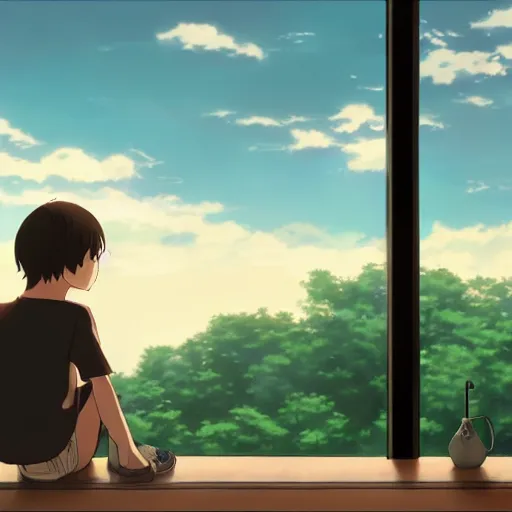 Prompt: A lonely child cries because it has no friends, Makoto Shinkai style, interior, sunset out the window