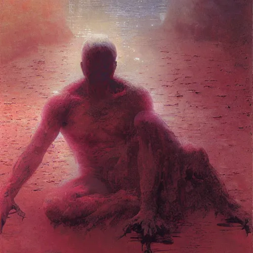 Prompt: the crimson moon shatters far above, still cross legged figure floating above pond by craig mullins, ruan jia, liang mark, beksinski, wayne barlowe, peter gric, jama jurabaev