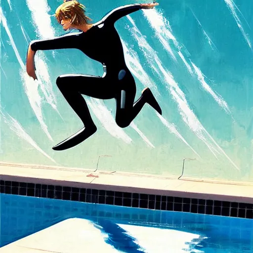 Image similar to a blond lifeguard in a wetsuit jumping into the pool. Makoto shinkai. Repin. Phil Hale