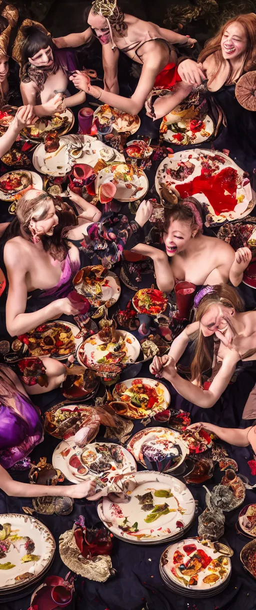 Prompt: an 8 k uhd digital photo of a group of witches dancing and laughing around plates of skin and muscle and blood
