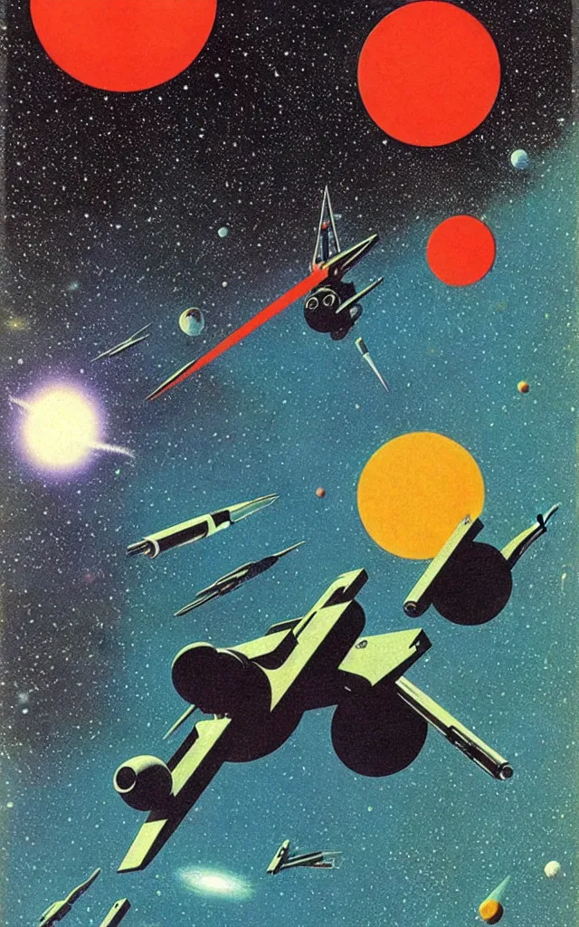 Prompt: space fantasy. bauhaus art. retro comicbook art. dean ellis.