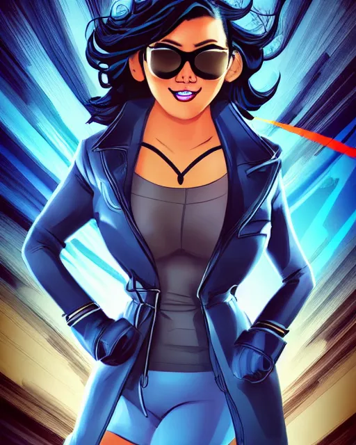 Prompt: thick chubby filipina superhero, long black trench coat, sunglasses, sly grin, fully clothed, exaggerated perspective, flying toward camera, beautiful detailed face, bright blue hair, action pose, comic book style, highly detailed, dynamic shadows, dynamic lighting, bright colors, geoff johns, jason fabok, jason fabok, brad anderson, splash art