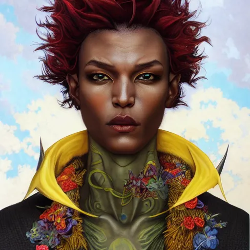 Image similar to a beautiful and androgynous half - elf with messy short red hair and dark skin tone and catlike features and yellow eyes with slit pupils, wearing a colorful men's suit, dnd character, realistic digital painting by kehinde wiley and ross tran and gerald brom and tasha beckwith and alphonse mucha, trending on artstation