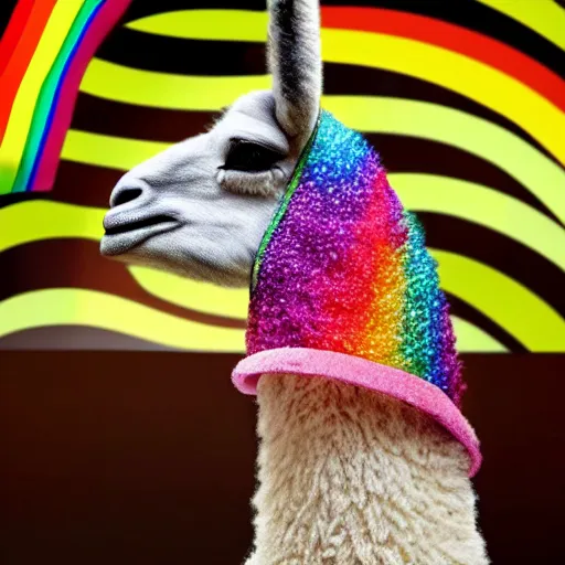 Prompt: photo of a rainbow llama eating popcorn and watching tv