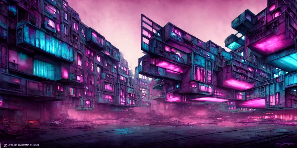 Image similar to concept art, octane render, a brooding, decrepit dystopian city, reflections, volumetric neon lighting, dramatic, cyan magenta white neon glow, 8 k, ultra - hd, insanely detailed and intricate, hypermaximalist, brutalist habitat 6 7, elegant, ornate, by gerald brom, by syd mead, akihiko yoshida, doug chiang, cinematic