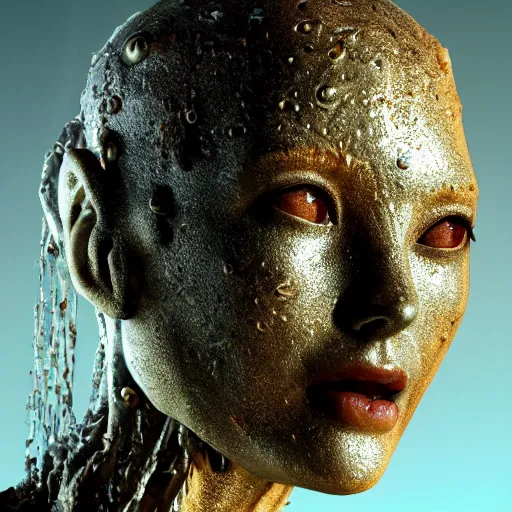 Image similar to photo taken of an epic intricate, ultra detailed, super realistic gritty, wet, lifelike sculpture of a female humanoid android creature with bioluminescent patches of skin created by weta workshop, zoomed in shots, subsurface scattering, photorealistic, sharp focus, white wall coloured workshop, cold colour temperature, f 0. 4, face centred, golden ratio,