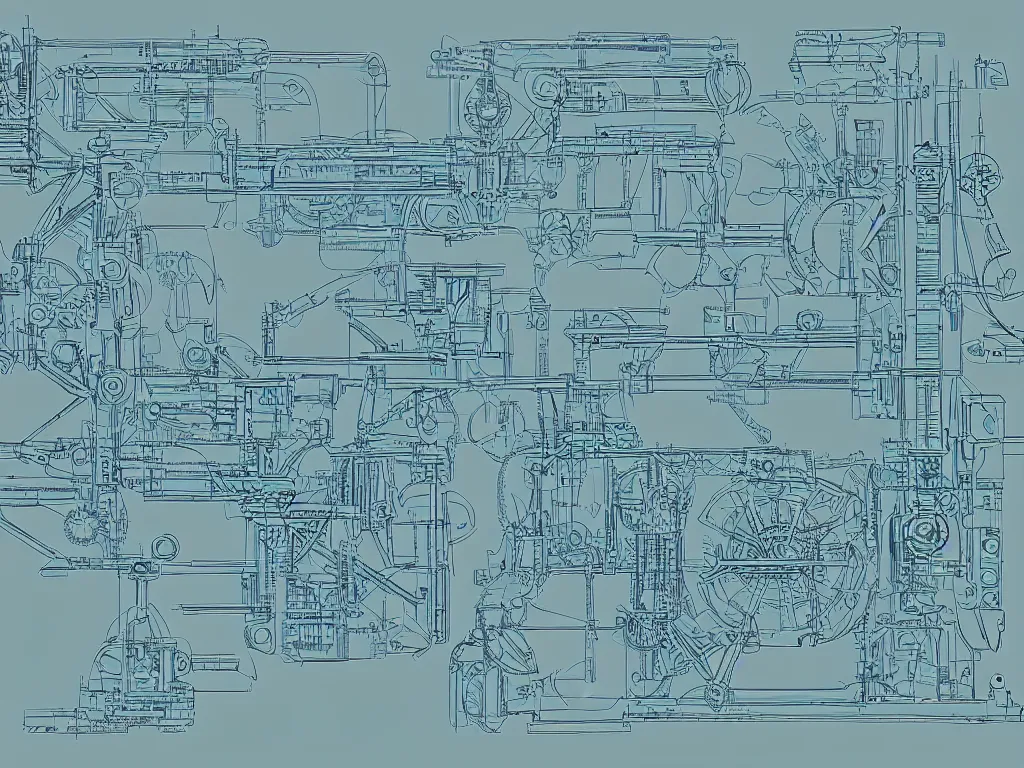 Image similar to a very detailed technically accurate blueprint of futuristic machinery, highly detailed