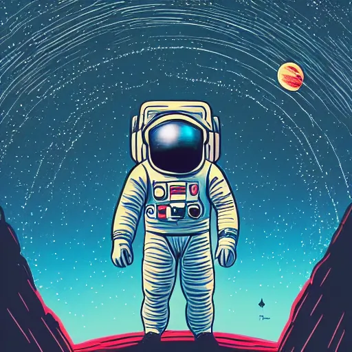 Prompt: astronaut inspired by René Laloux, Dan Mumford, stars, cinematic