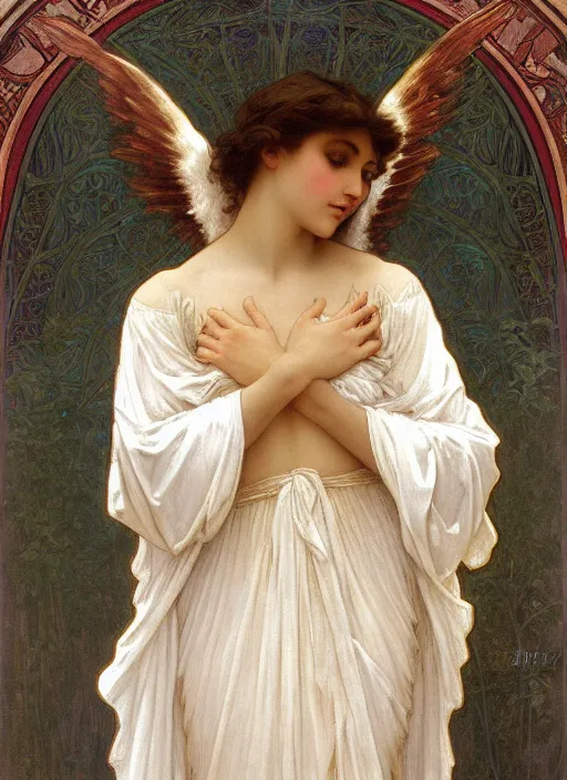 Prompt: painting of a beautifully robed angel with huge white feather wings, intricate, elegant, hyperdetailed, by alphonse mucha and william - adolphe bouguereau and john william waterhouse