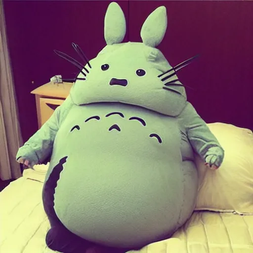 Image similar to ultra unhealthy fat cat dressed in a funny totoro costume realistic photograph