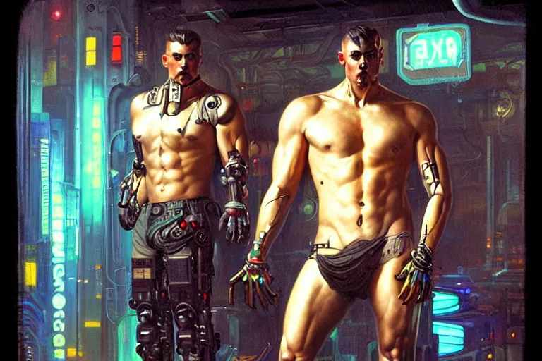 Image similar to cyberpunk style, attractive muscular male with tattoo, robotic arm, neon lights, cool tint, painting by gaston bussiere, craig mullins, j. c. leyendecker, tom of finland