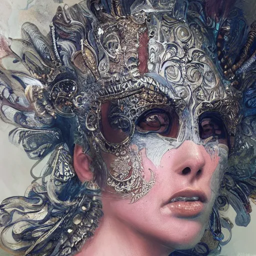 Image similar to Very very very very highly detailed epic photo of face with beautiful ornamental venetian mask, intricate, dystopian, sci-fi, extremely detailed, digital painting, artstation, concept art, smooth, sharp focus, illustration, intimidating lighting, incredible art by Artgerm and Vincent di Fate and Anton Pieck