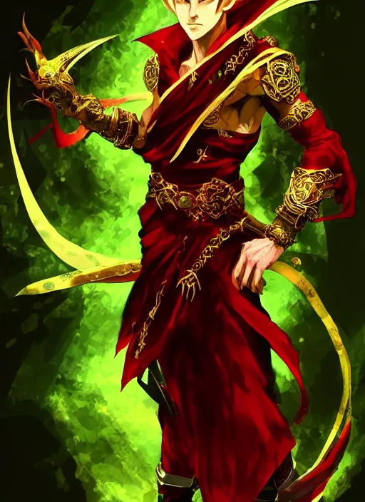 Image similar to Half body portrait of a handsome young red haired elven monk prince with dragon eyes, red, green and gold ornate robe. In style of Yoji Shinkawa and Hyung-tae Kim, trending on ArtStation, dark fantasy, great composition, concept art, highly detailed.