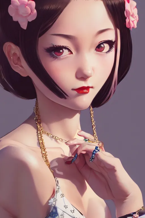 Image similar to a pin up and beautiful fashion charming dreamlke japan girl with lv jewelry, character art, art by wlop and and ilya kuvshinov, hyperdetailed, 8 k realistic, symmetrical, frostbite 3 engine, cryengine, dof, trending on artstation, digital art