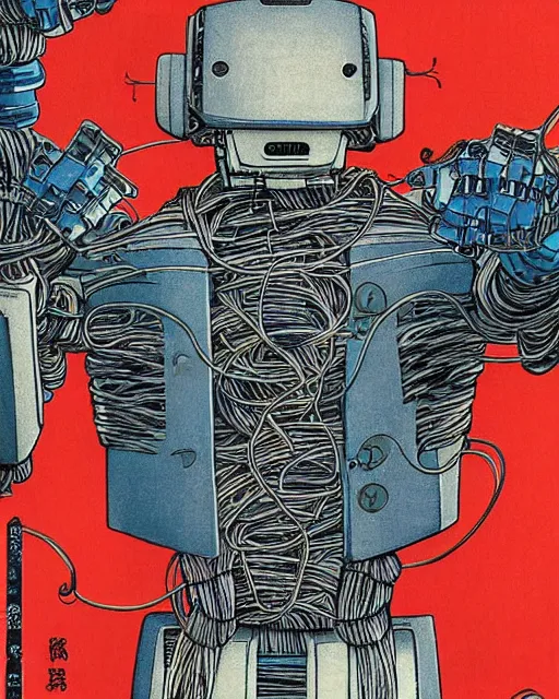 Image similar to Hiroshige portrait of a robot saint made of cables and robotic pod by Marc Silvestri