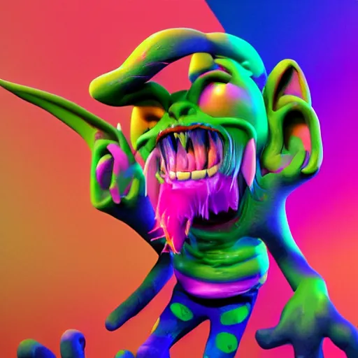 Prompt: pop punk goblin reimagined by lisa frank, goblincore, vray, post processing, no blur, rack focus