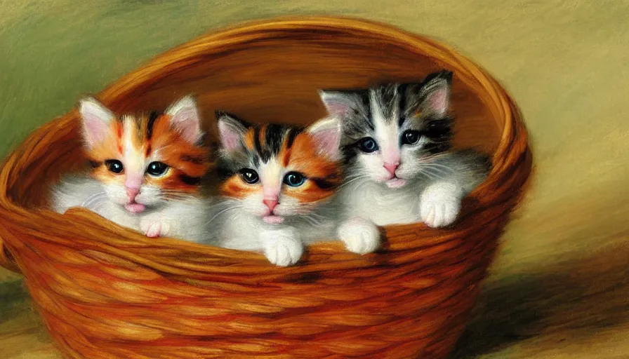 Image similar to highly detailed painting of cute furry calico kittens cuddled up in a basket by william turner, thick brush strokes and visible paint layers, 4 k resolution, red and green colour scheme